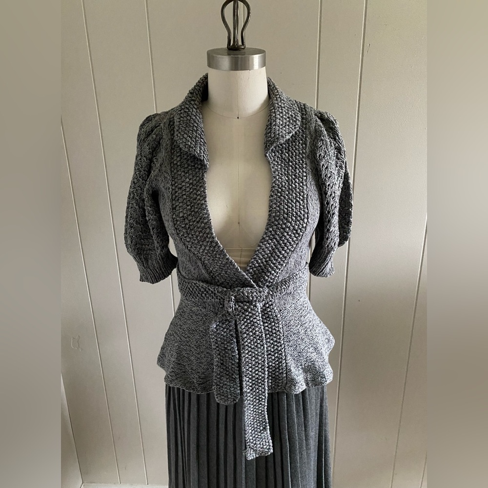 Puff sleeve belted mixed stitch cardigan in tonal gray marl.